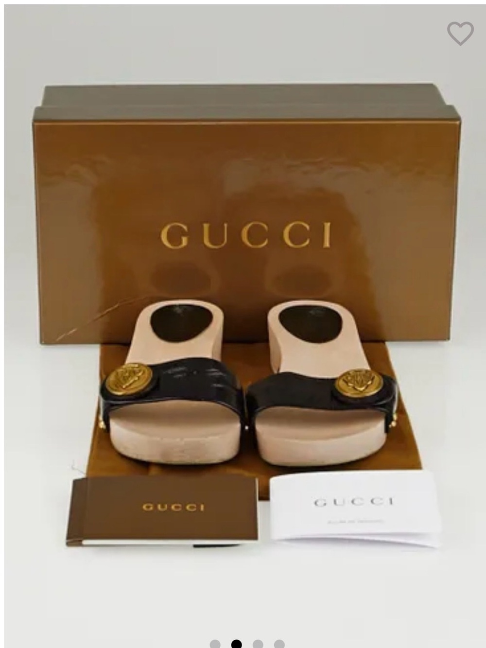 Gucci authentic Black Patent Leather Slide Mules, Gold Medallion & Block Heel